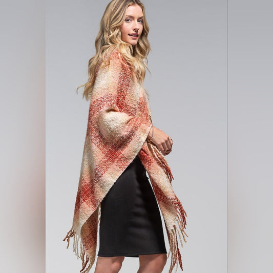 Plaid Poncho w Long Tassel Frunge - Light Burgundy - Natural Creamy Colors