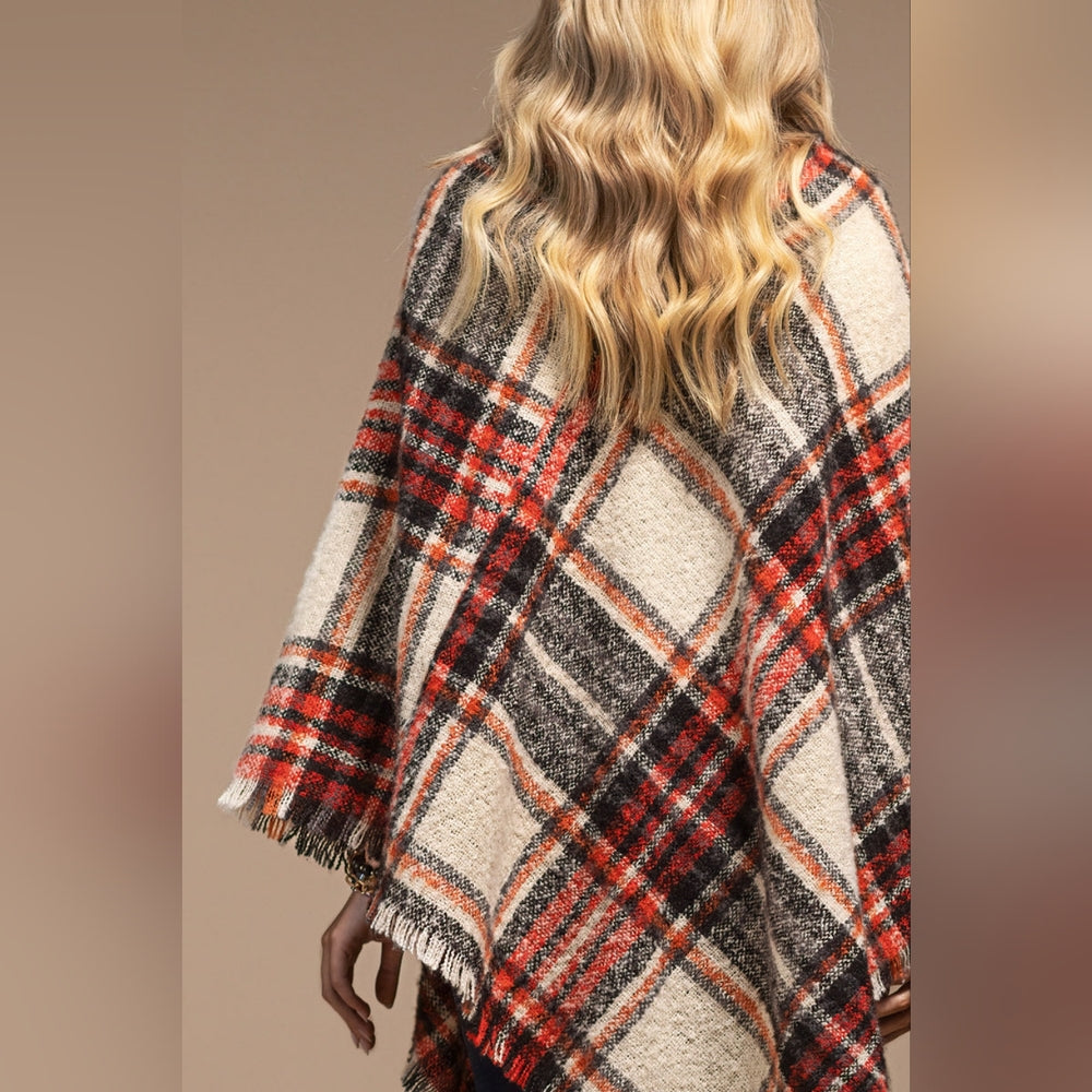 Poncho Multi Color Plaid w Frayed Fringe - Red Black & White