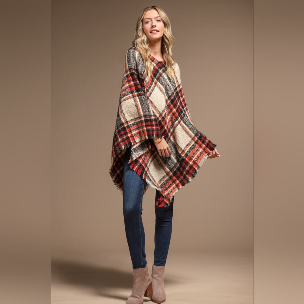 Poncho Multi Color Plaid w Frayed Fringe - Red Black & White