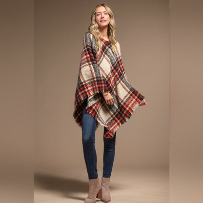 Poncho Multi Color Plaid w Frayed Fringe - Red Black & White