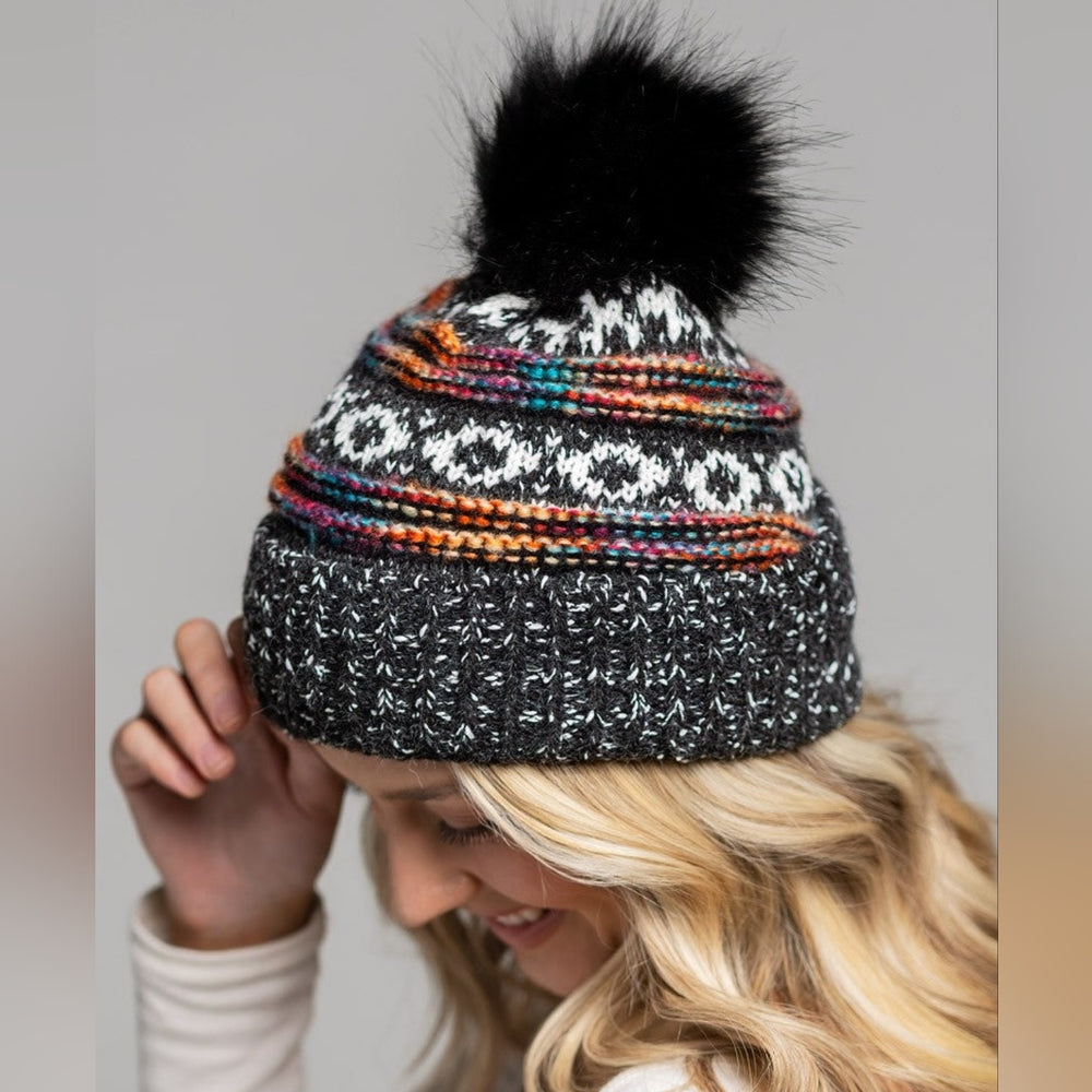 Black & Multi-Color Decorative Knit Pom Pom Beanie