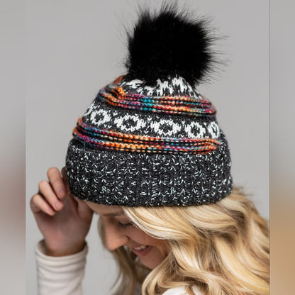 Black & Multi-Color Decorative Knit Pom Pom Beanie