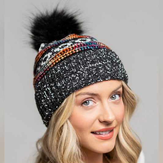 Black & Multi-Color Decorative Knit Pom Pom Beanie
