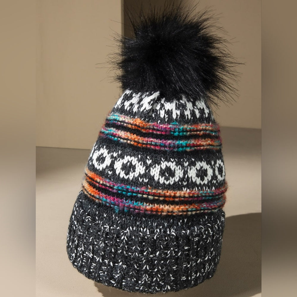 Black & Multi-Color Decorative Knit Pom Pom Beanie