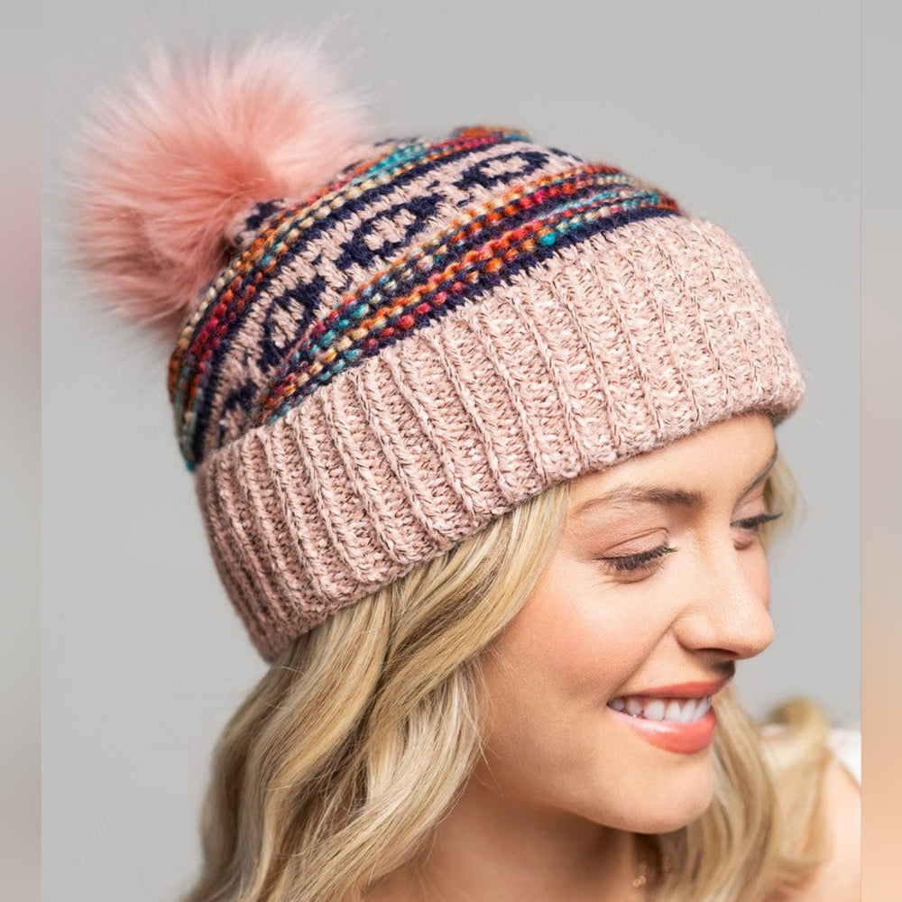 Pink & Multi-Color Decorative Knit Pom Pom Beanie