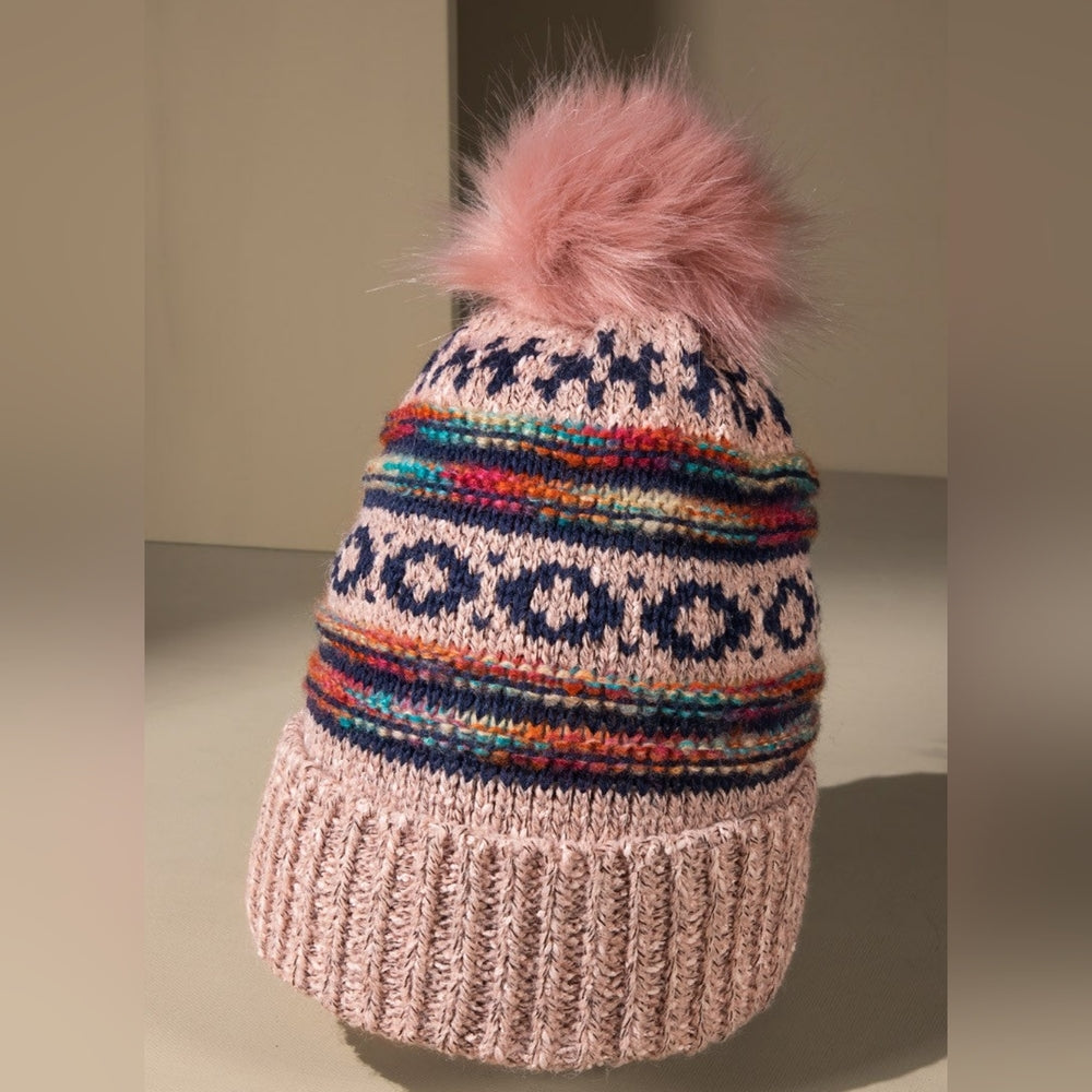 Pink & Multi-Color Decorative Knit Pom Pom Beanie