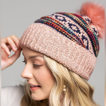 Pink & Multi-Color Decorative Knit Pom Pom Beanie