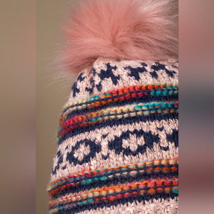 Pink & Multi-Color Decorative Knit Pom Pom Beanie