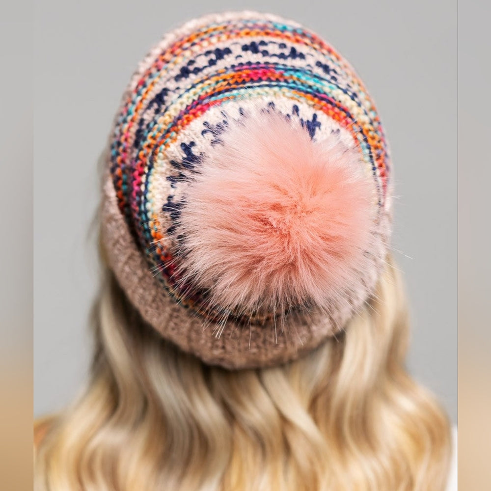 Pink & Multi-Color Decorative Knit Pom Pom Beanie