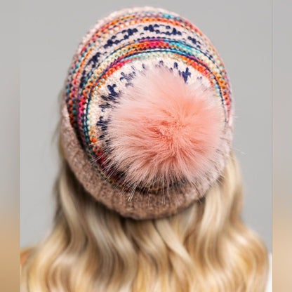 Pink & Multi-Color Decorative Knit Pom Pom Beanie