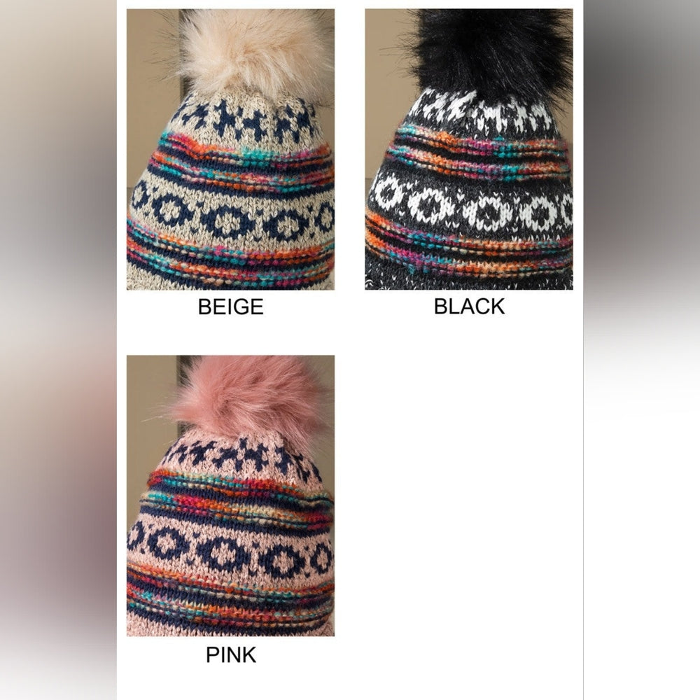 Pink & Multi-Color Decorative Knit Pom Pom Beanie