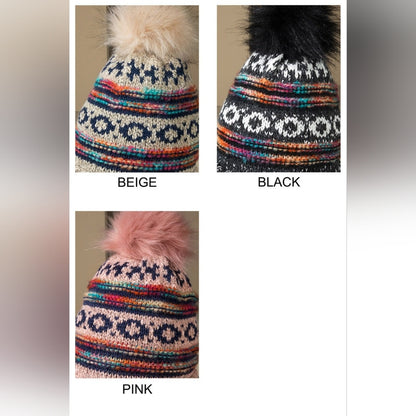 Pink & Multi-Color Decorative Knit Pom Pom Beanie