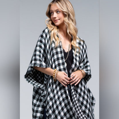 Reversible Black / White Buffalo Plaid Kimono w/ Frayed Fringe