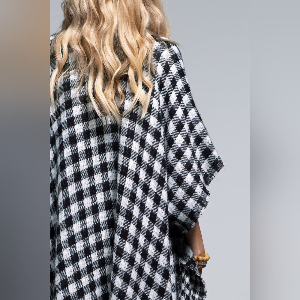 Reversible Black / White Buffalo Plaid Kimono w/ Frayed Fringe