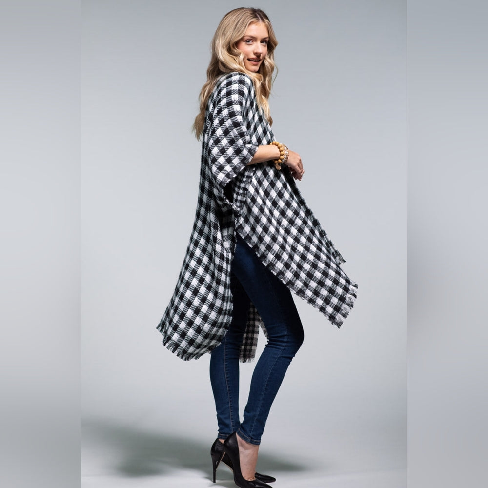 Reversible Black / White Buffalo Plaid Kimono w/ Frayed Fringe