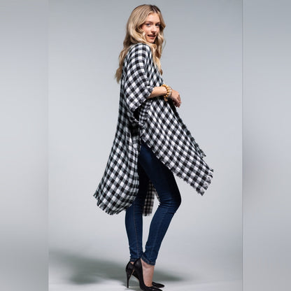 Reversible Black / White Buffalo Plaid Kimono w/ Frayed Fringe