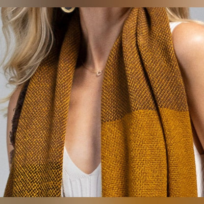 Textured Scarf w/ Multiple Tones & Frayed Edge in Mustard / Brown