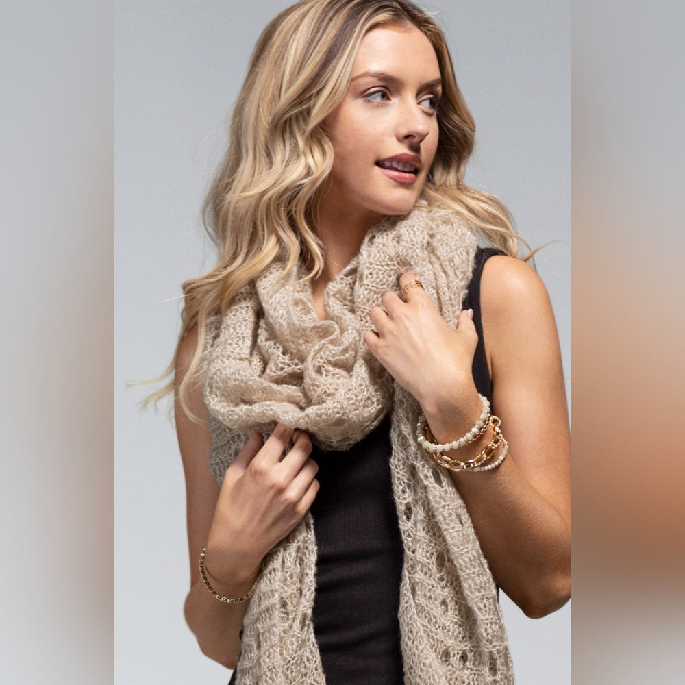 Oatmeal Soft Comfy Open Knit Scarf w/ Eyelet Accent & Moderate Stretch