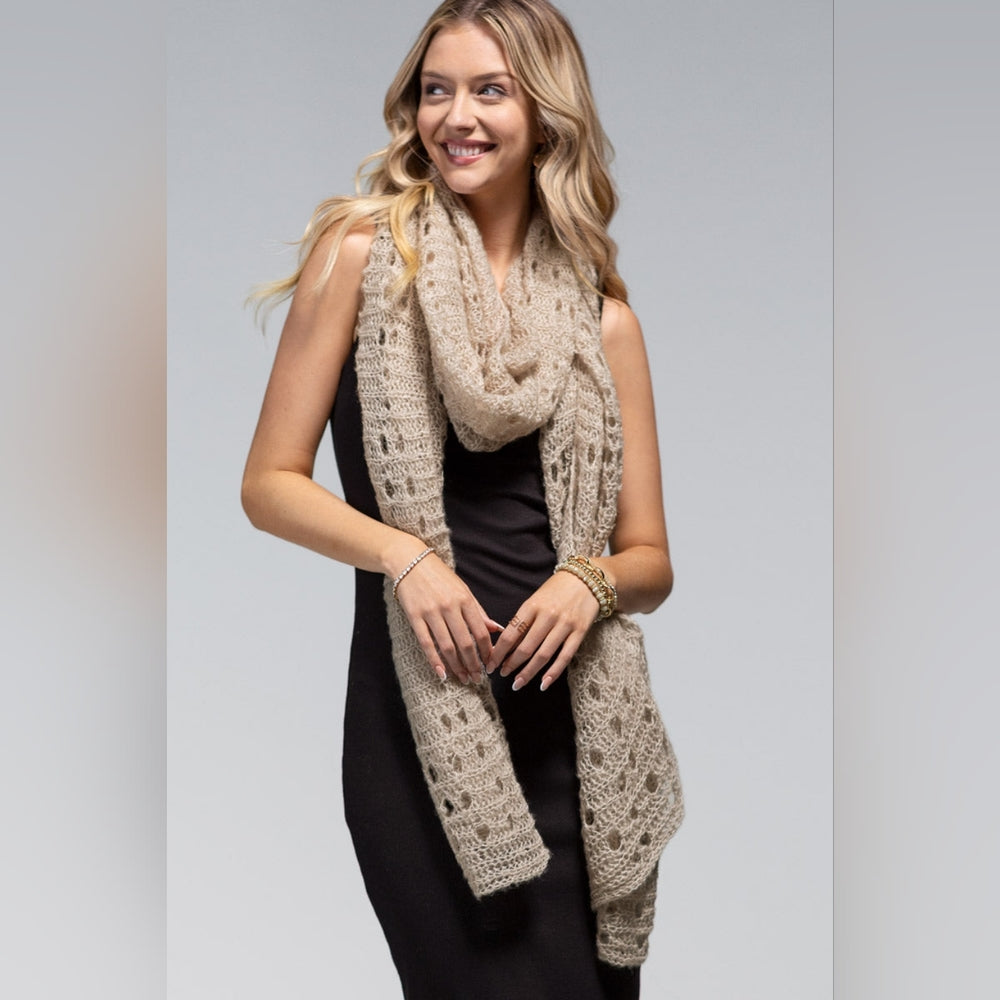 Oatmeal Soft Comfy Open Knit Scarf w/ Eyelet Accent & Moderate Stretch