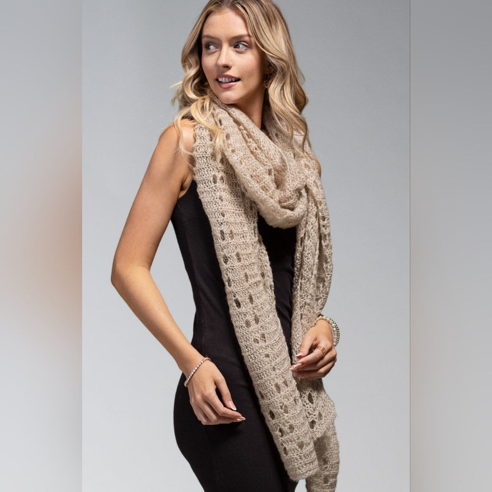 Oatmeal Soft Comfy Open Knit Scarf w/ Eyelet Accent & Moderate Stretch