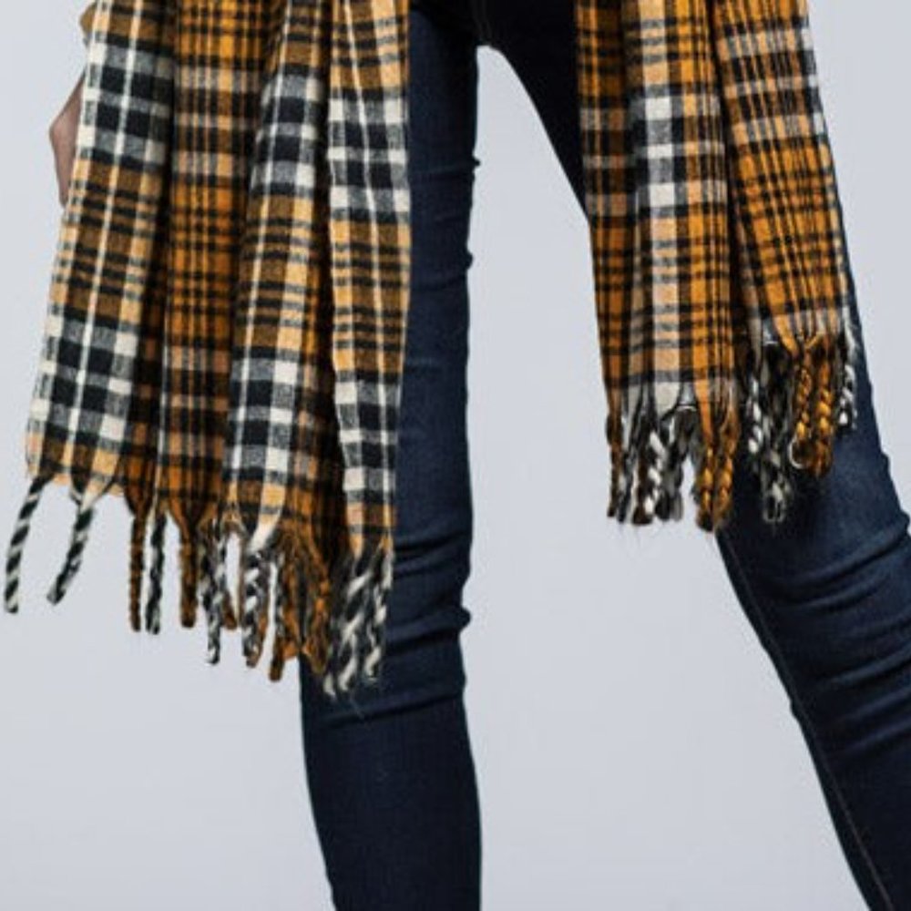 Vintage Cashmere Inspired Plaid Long Scarf w Twisted Fringe Accent
