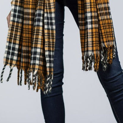 Vintage Cashmere Inspired Plaid Long Scarf w Twisted Fringe Accent