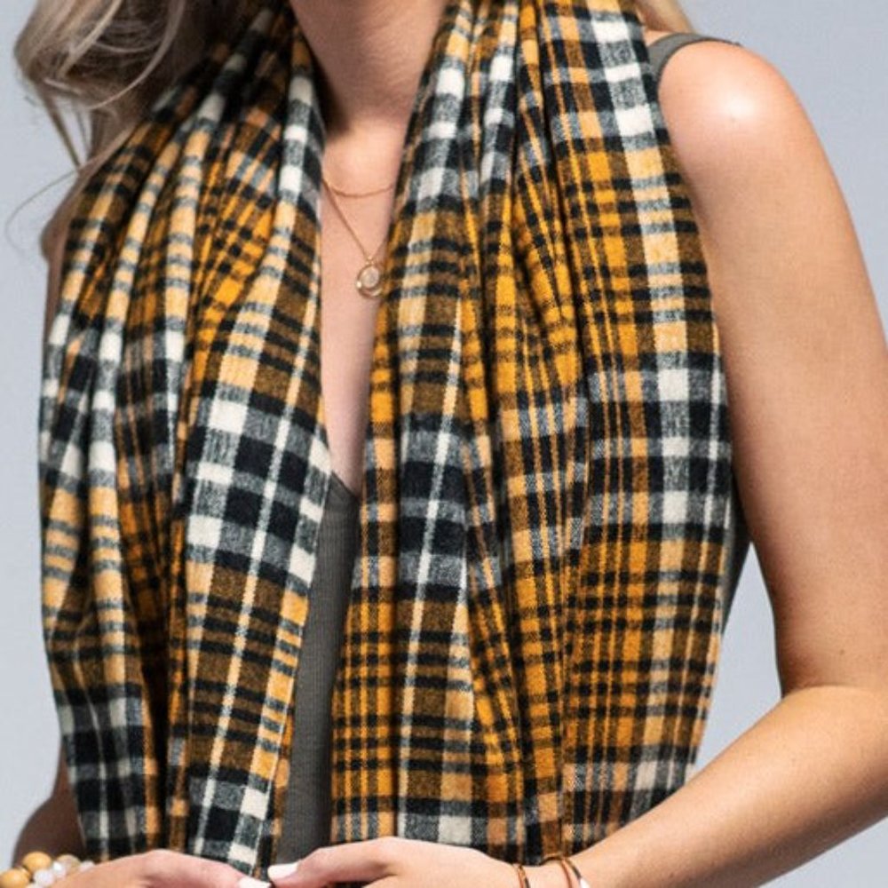 Vintage Cashmere Inspired Plaid Long Scarf w Twisted Fringe Accent