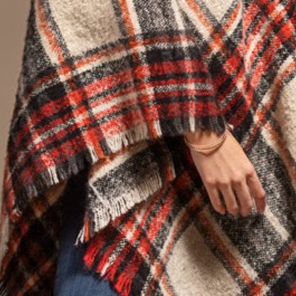 Poncho Multi Color Plaid w Frayed Fringe - Red Black & White