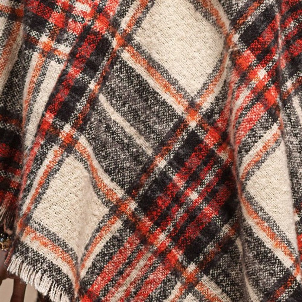 Poncho Multi Color Plaid w Frayed Fringe - Red Black & White