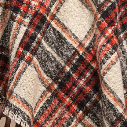 Poncho Multi Color Plaid w Frayed Fringe - Red Black & White
