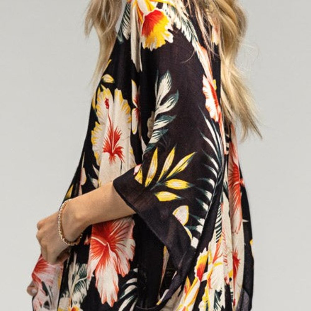 Tropical Garden Kimono - Floral & Leaf Print on Lightweight Silky Material