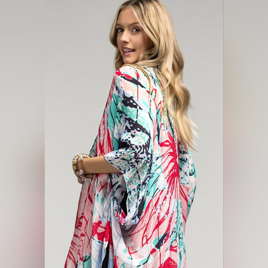 Large Flower Print Kimono w Side Slits - Lightweight Silky Material