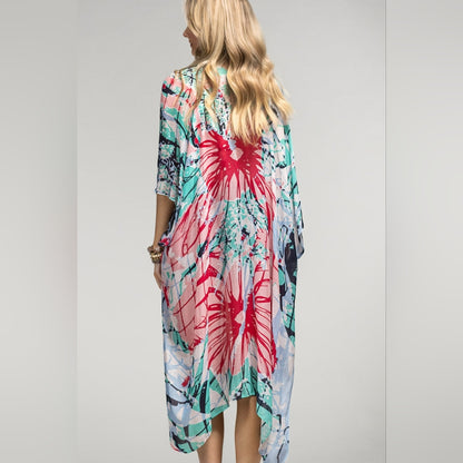 Large Flower Print Kimono w Side Slits - Lightweight Silky Material