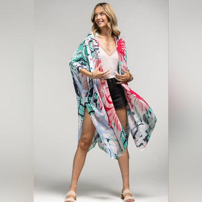 Large Flower Print Kimono w Side Slits - Lightweight Silky Material