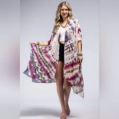 Tie-dye Kimono Maroon Multi Color Kimono / Swimsuit Coverup - Lightweight Silky