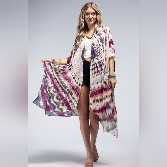 Tie-dye Kimono Maroon Multi Color Kimono / Swimsuit Coverup - Lightweight Silky