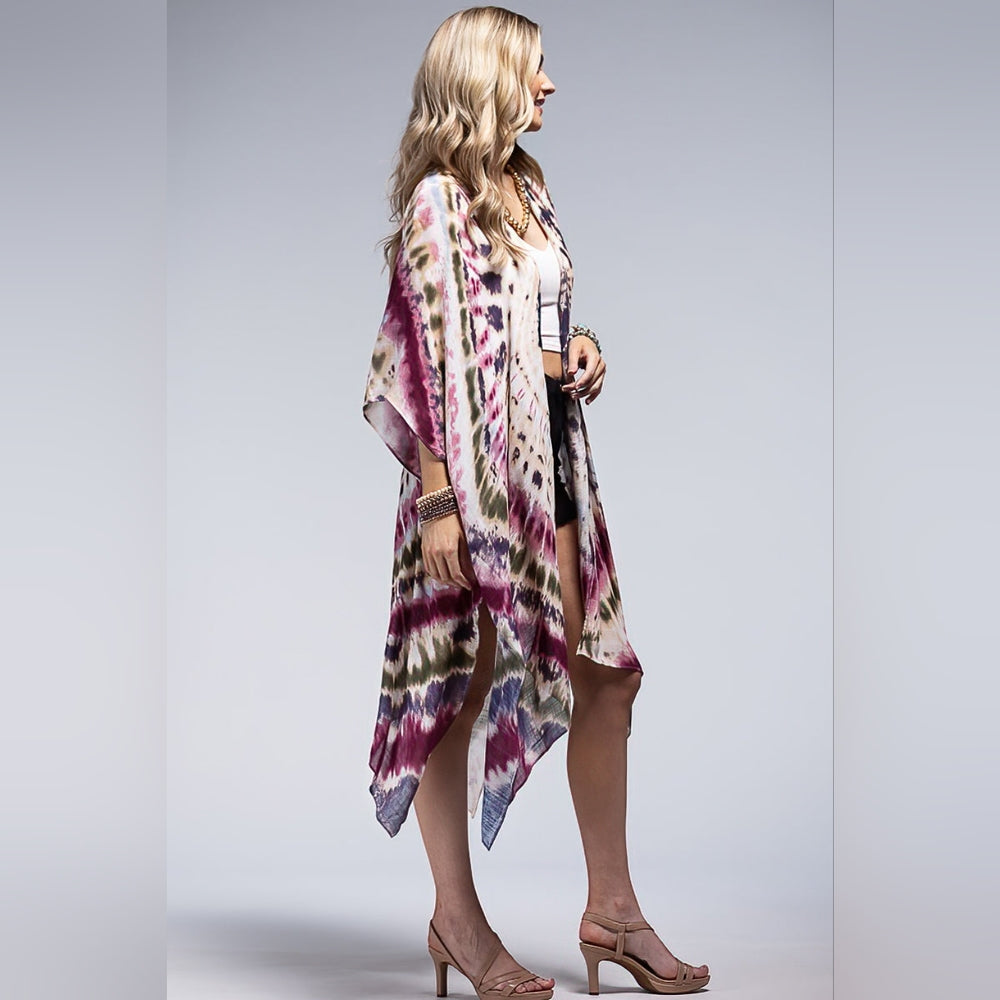 Tie-dye Kimono Maroon Multi Color Kimono / Swimsuit Coverup - Lightweight Silky