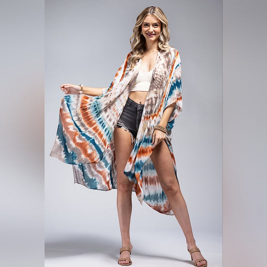 Vibrant Tie Dye Teal & Multi Color Kimono - Silky & Lightweight Material