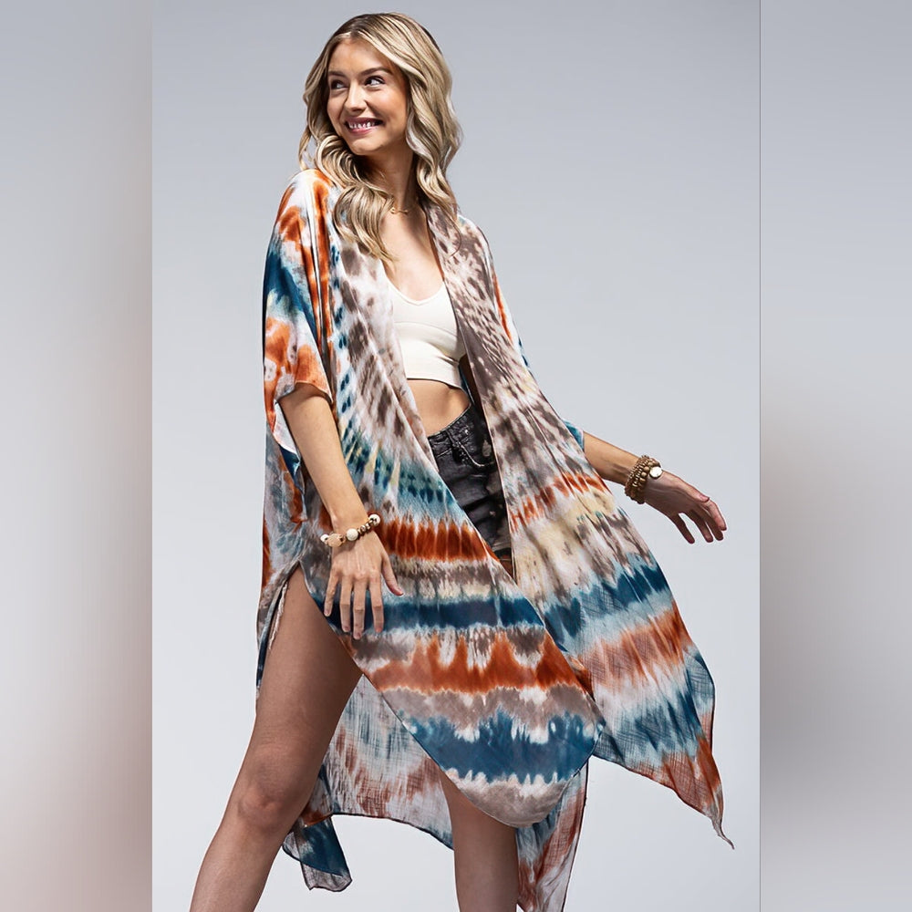 Vibrant Tie Dye Teal & Multi Color Kimono - Silky & Lightweight Material