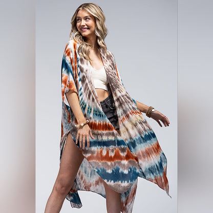 Vibrant Tie Dye Teal & Multi Color Kimono - Silky & Lightweight Material