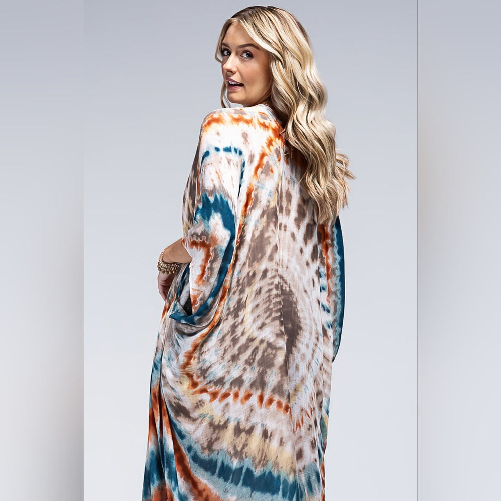 Vibrant Tie Dye Teal & Multi Color Kimono - Silky & Lightweight Material