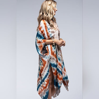 Vibrant Tie Dye Teal & Multi Color Kimono - Silky & Lightweight Material