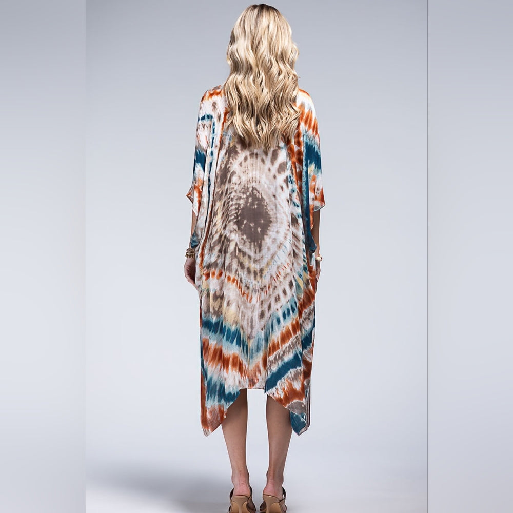 Vibrant Tie Dye Teal & Multi Color Kimono - Silky & Lightweight Material