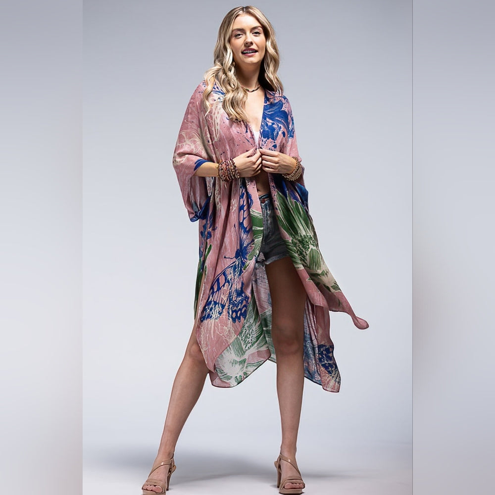 Flower Bouquet & Butterfly Print Kimono - Lightweight Silky Material
