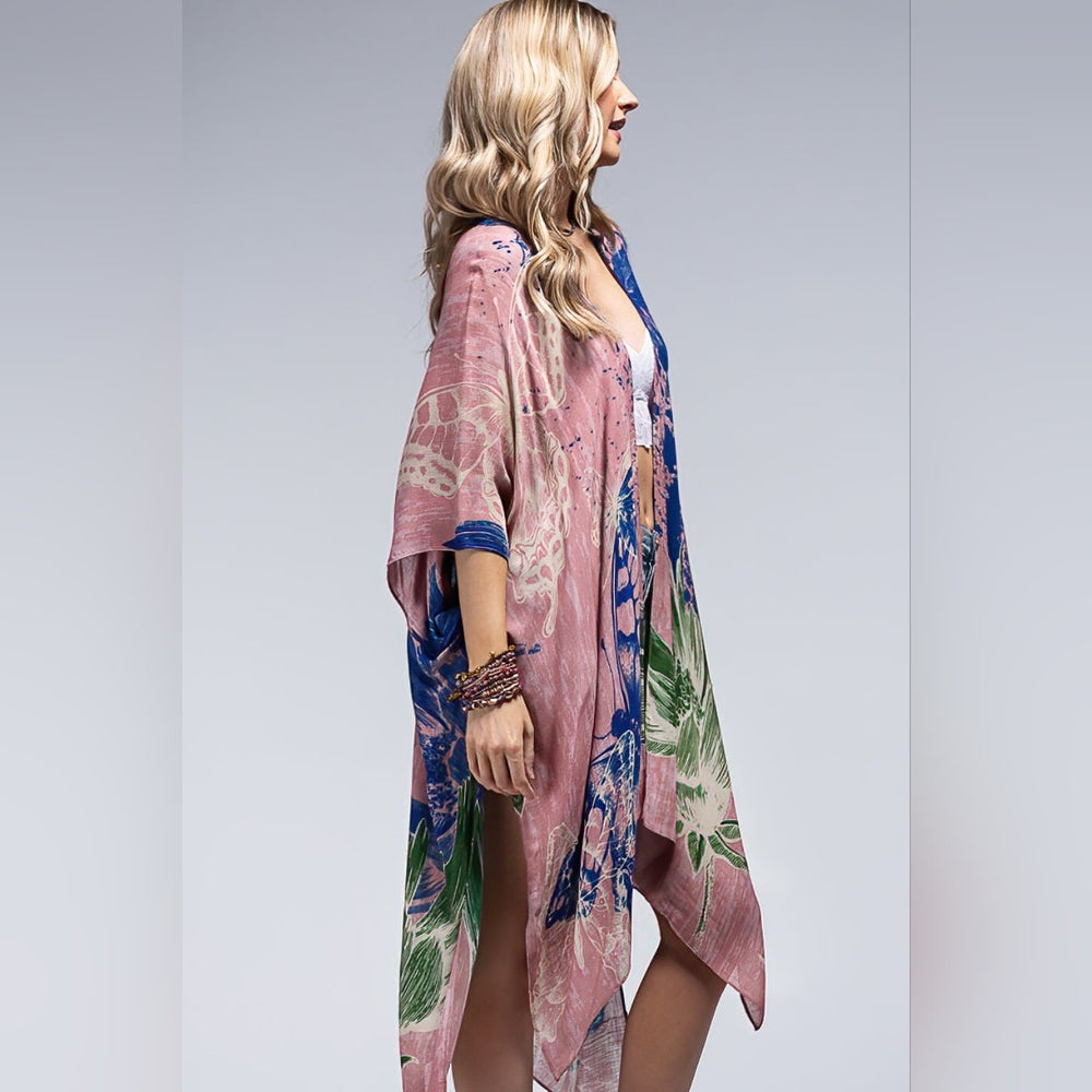 Flower Bouquet & Butterfly Print Kimono - Lightweight Silky Material