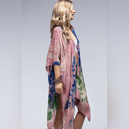 Flower Bouquet & Butterfly Print Kimono - Lightweight Silky Material