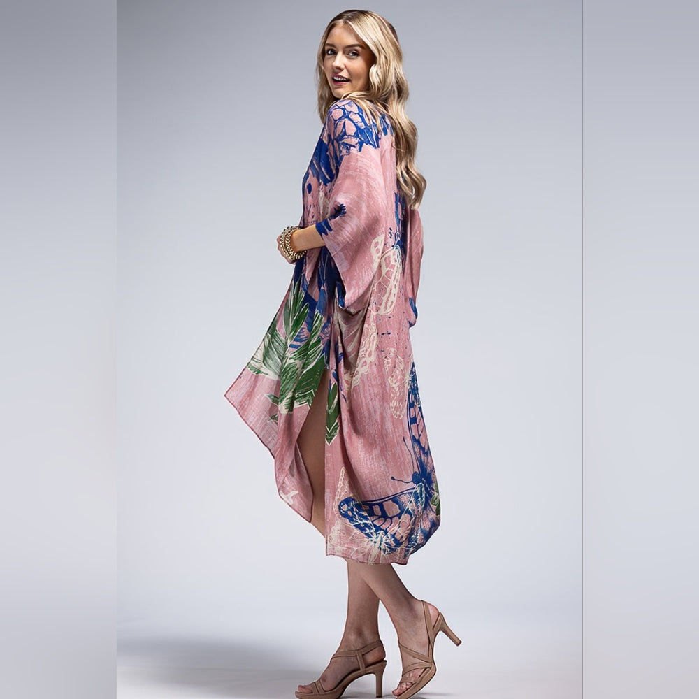 Flower Bouquet & Butterfly Print Kimono - Lightweight Silky Material