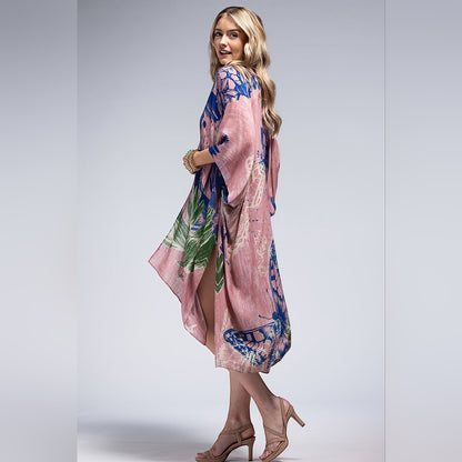 Flower Bouquet & Butterfly Print Kimono - Lightweight Silky Material