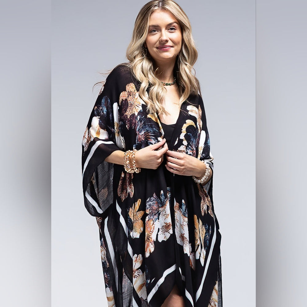 Kimono w/ Exotic Floral Print & Rich Black Background - Lightweight Silky Feel