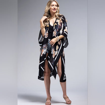 Kimono w/ Exotic Floral Print & Rich Black Background - Lightweight Silky Feel